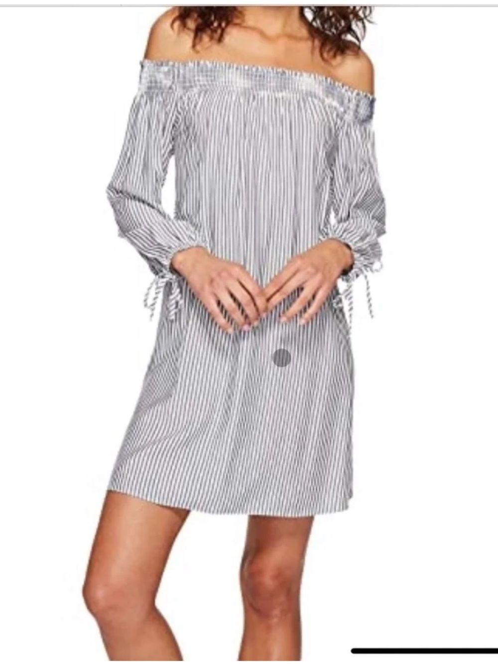 BB Dakota Off the Shoulder Blue and White Striped Dress